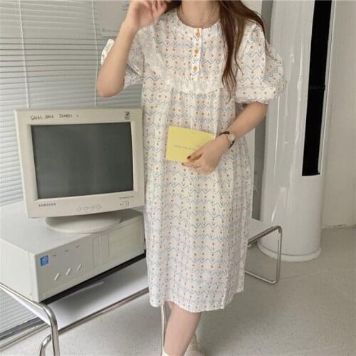 Cotton Printed Summer Nightgown Women Korean Puff Sleeve Casual Loose Long Sleepwear Buttons Korean Home Clothes Kawaii Cute