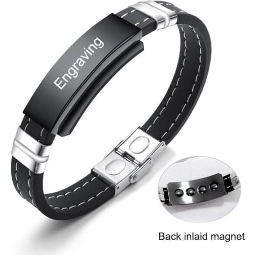 Custom Engraving Men Bracelet Stainless Steel and Silica Gel Magnet Bracelet Black or Silver Color Jewelry