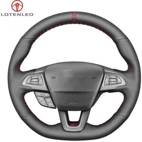 LQTENLEO Black Genuine Leather Car Steering Wheel Cover For Ford Focus (RS | ST | ST-Line) Kuga (ST-Line) Ecosport (ST-Line)