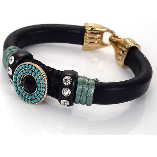 Miasol Designer Gold Color Plating Fashion Real Leather Crystal Charm Easy Hook Women Girls Bracelets