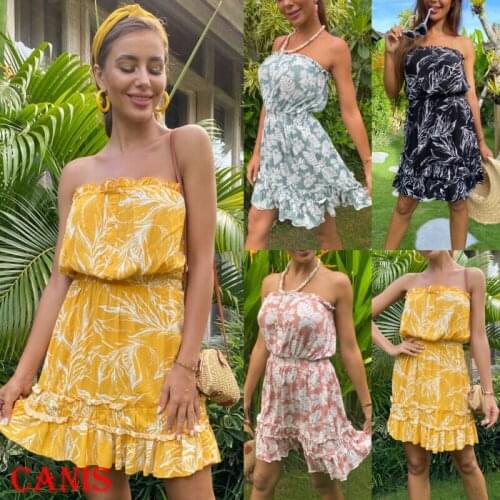 Boho Floral Mini Dress Women Strapless Sundress Summer Cold Shoulder Flared Dress A-Line Casual Lady Flowers Beach Dress