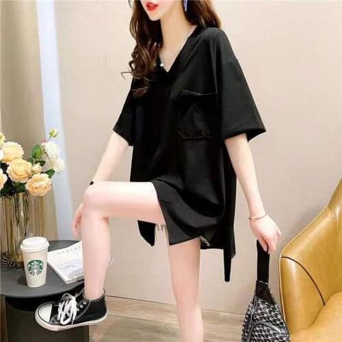 2021 New Summer Mid-length Large Size Loose Short-sleeved T-shirt Womens V-neck Thin and Belly-covering Tops