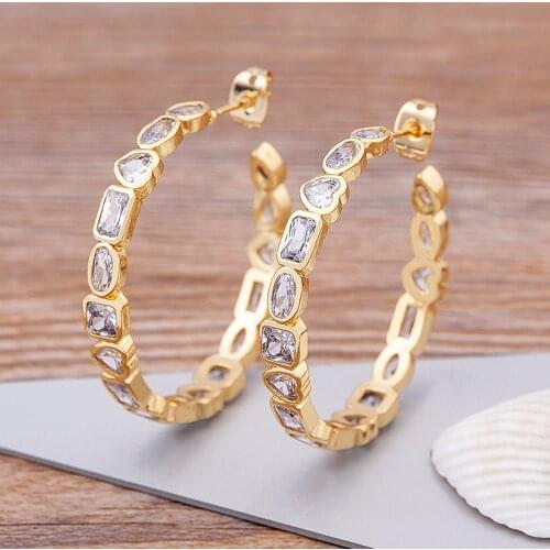 New Trendy Gold Color Copper CZ Stone Hoop Earrings For Women Big Simple Round Circle Ear Rings Wedding Jewelry Accessories