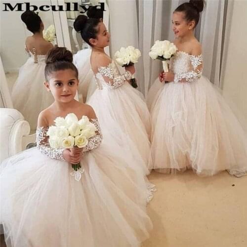 Mbcullyd Boat Neck Flower Girl Dresses For Weddings 2020 Lace Applique Primera Comunion Gowns Long Sleeves Birthday Dress