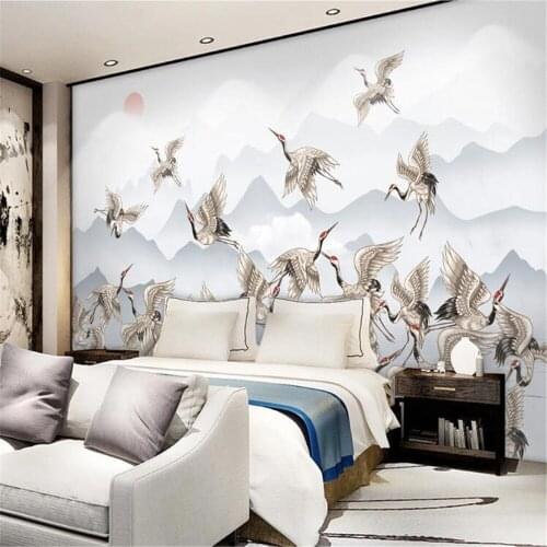 Milofi custom non-woven wallpaper large wallpaper mural fairy crane background wall new Chinese style ink landscape Zen