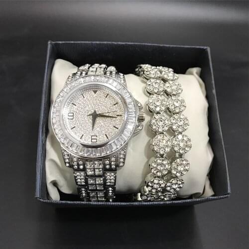 Luxury Men Silver Color Watch & Braclete Combo Watch Set Ice Out Cuban Jewerly Crystal Miami Braclete Chain Hip Hop For Men