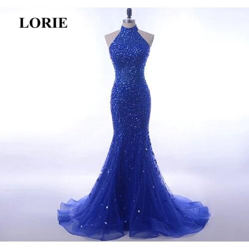 LORIE Luxury Evening Dresses abendkleider Halter Beaded Bling Bling Royal Blue Prom Dress Rhinestones Tulle Mermaid Party Gown