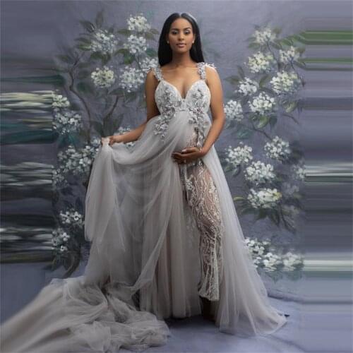 Silver Pregnancy Gowns V Neck Sleeveless With Straps Floral Appliques Beaded Linning Long Train Tulle Maternity Photo Shoot