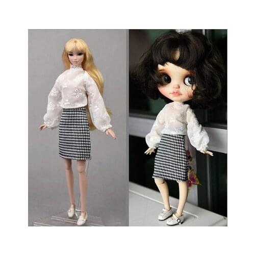 Grid shirt + leather skirt / clothing set outfit for 30cm barbie xinyi fr2 kurhn doll / doll clothes