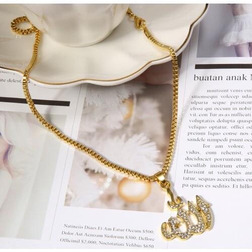 Hip Hop Crystal Muslim Allah Necklace Rhinestone Long Chain Necklace Women Men Punk Religious Jewelry Unisex Gift
