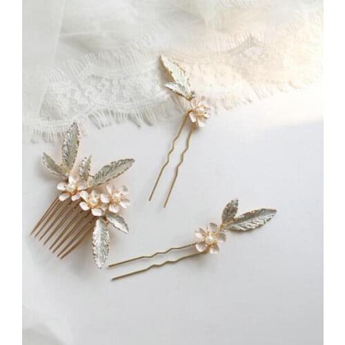 Bridal Hair Comb Hairpins Delicate Pearls Headpiece Leaf And Gold Flower Bridal Wedding Hair Accessories
