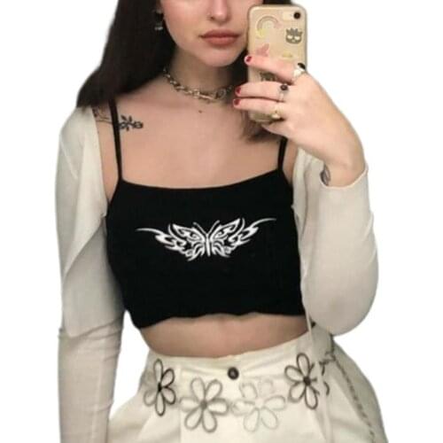 Women’s Sexy Square Collar Camisole Fashion Butterfly Printing Exposed Navel Suspender Tops
