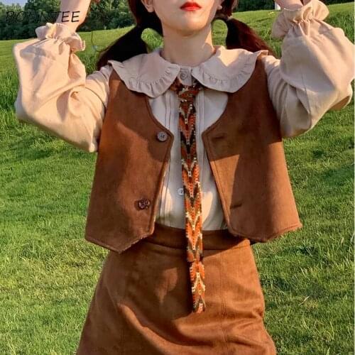 Sets Women Cute Peter Pan Collar Shirt Vests Skirts Brown Tie Harajuku Design All-match Streetwear Side-slit Vintage Soft Summer