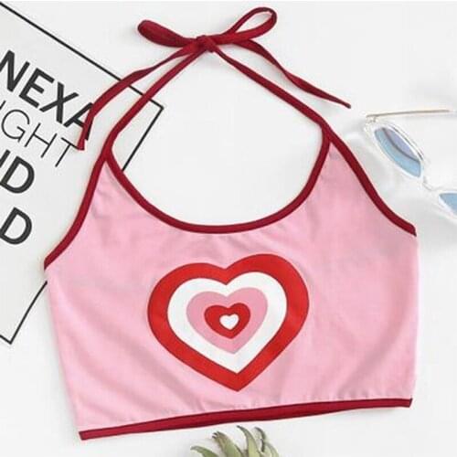 Sexy Heart Print Crop Tops For Women Halter Fitness Tight Bustier Strappy Skinny T-Shirt Girl Dance Cropped Tops Vest Tank Tops