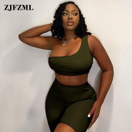 Asymmetrical Shape Womens Two Piece Suit One Shoulder Sleeveless Tank Crop Top and High Waist Stretchy Skinny Short Co Ord Sets