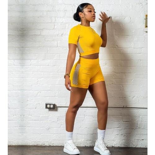 Side Hollow Out Breathable Workout Two Piece Set Women Short Sleeve O Neck Crop Top and Biker Short Activewear Matching Outfits
