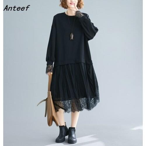 Long sleeve black cotton lace vintage women casual loose autumn winter elegant dress clothes 2021 ladies dresses
