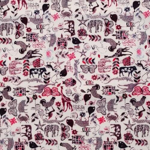 1 yard Cotton Poplin Fabric for sewing pathwork, dress, cloth, bedding - butterfly, bird, deer, chiken - red