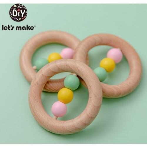 Lets Make 5PC 70mm Wood Ring Baby Toys Wood Crafts Beech Wooden Teether Baby Rattle Toddler Toy Colored beads Baby Teether