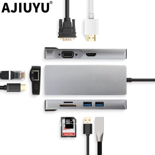 AJIUYU USB C Hub Type-C Adapter Dock Thunderbolt 3 Multi Port HDMI VGA USB RJ45 Gigabit Ethernet Splitter For MateBook Pro Air