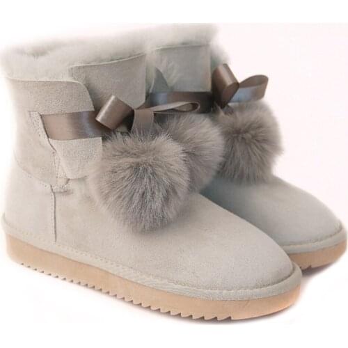 Australia Snow Boots Womens Genuine Sheepskin Boots Shoes Sheep Real Wool Boots Sweet Bow Fox Flat Fur Winter Woman Boot Shoes