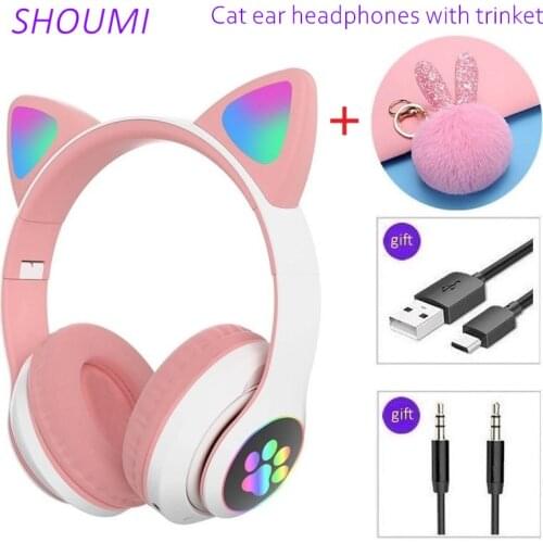 28 Cat Ear Headphone Stereo Cute Cat Helmet Bluetooth 5.0 Noise Reduction Earphone with Mic For Kids Girls Gifts Music PS4 Game