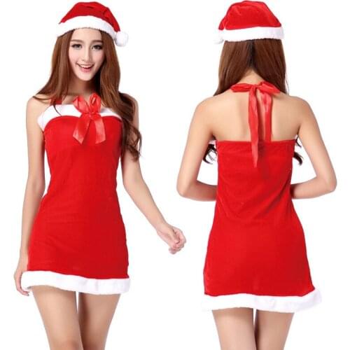 Hot Sale Sleeveless Off the Shoulder Strapless Christmas Costume Sexy Red Christmas Cosplay Dresses With Hat For Women One Size