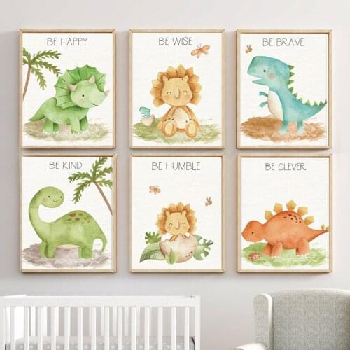 Watercolor Cartoon Baby Dinosaur Poster Plant Leaf Nursery Wall Art Print Canvas Painting Nordic Kids Room Decoration Picture