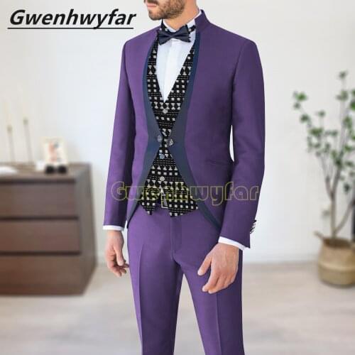 Gwenhwyfar Custom Navy Blue Trim Suit Man Costume Homme Mariage Fashion Men Prom Tuxedo Stand Collar Formal Dark Purple Men Suit