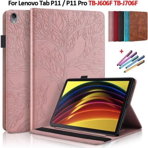 Emboss Tree Leather Flip Case for Lenovo P11 Case TB-J606F Wallet Tablet Funda for Lenovo Tab P11 Pro Case Cover Coque TB-J706F