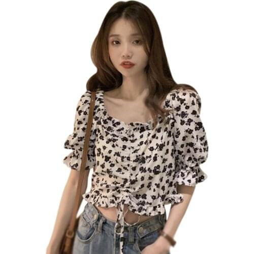 Summer French Ruffled Short-sleeved Tshirt Slim-fit White-bottomed Drawstring Floral Shirt Women Tee