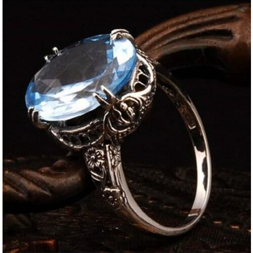 Milangirl Classic Ring Simple Fashion Flower Decorated with Blue Zircon Ring Temperament Girl Wedding Anniversary Jewelry Gift