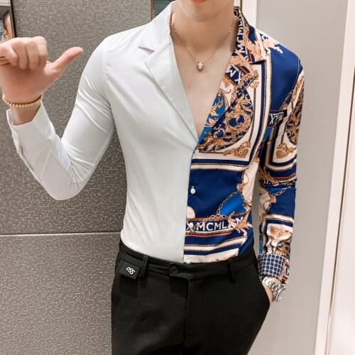 Fashion Mens Shirt New British Casual Long-sleeved Mens Shirt Patchwork Casual New Brand Slim Print Classic Shirt Club Shirt