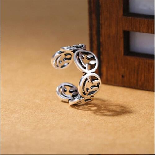 Fashion Hollow Smiley Face Adjustable Ring Jewelry Retro Vintage Thai Silver Color Rings For Women Men S-R272