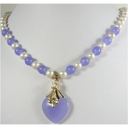 Trendy mixed white pearl purple natural jade necklace +heart pendant