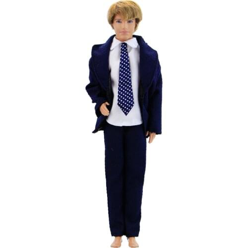 Handmade Men Formal Business Deep Blue Suit Coat + Shirt + Trousers Wave Point Tie Accessories Clothes for Barbie Ken Doll Toy