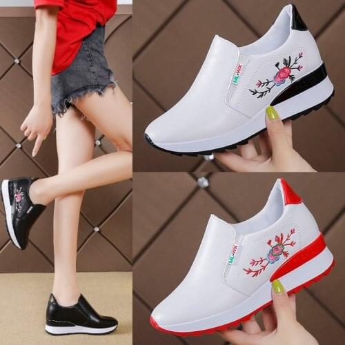 New Height Increasing Insole Womens Shoes White Shoes Wedge Sneakers Elastic Band Casual Embroidery Pumps