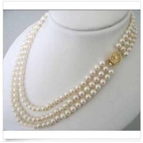 New 3 ROWS 7-8MM White Akoya Cultured Pearl Choker pendant Necklace