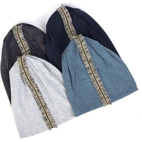 Charm Wood Unisex Tassel Strip Skull Cap Casual Ribbon Beanie Hat Cotton Slouchy Men Women Skullies Hats for Winter Autumn