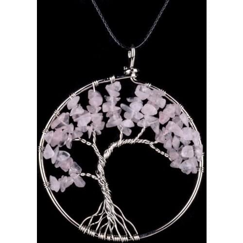 Original Natural Stone Rainbow Tree Of Life Pendant Necklace For Women Leather Chain Quartz Wisdom Tree Choker Necklace Men Gift