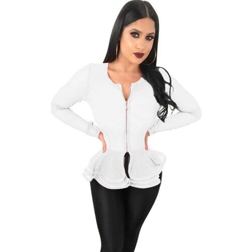 Fall Women Elegant Zipper Bomber Jacket Slim Coat Long Sleeve Layered Ruffles Peplum Tops Sexy Club Wear Outwear Jackets Female