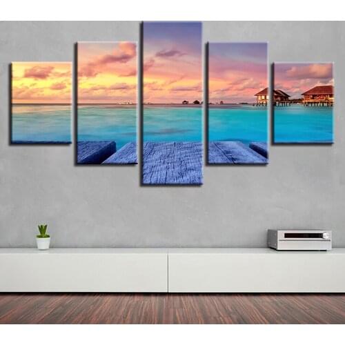 Landscape Sea Beach Ocean Sunrise Lighthouse Tropical 5 Piece Wall Pictures For Living Room Color Painting Art Home Decor