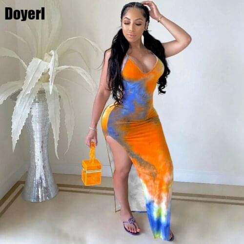 Tie Dye Sexy Party Dresses Women Evening Elegant Long Summer Dresses for Women Casual Beach Backless Night Club Dress with Slit