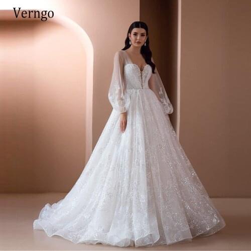 Verngo 2021 Sparkly Lace Applique A Line Wedding Dresses For Bride Puff Long Sleeves Sweetheart Lace Tie Bridal Gowns Mariage