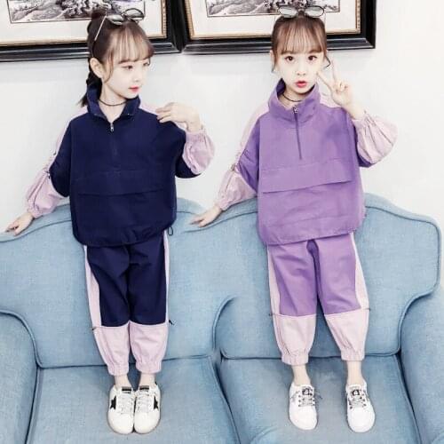 Spring Autumn Casual Girls Street Wear 2 Piece Sets Color Splicing Loose Sweatshirts+Trousers Fashion Teen Girls Outfits 4-13T