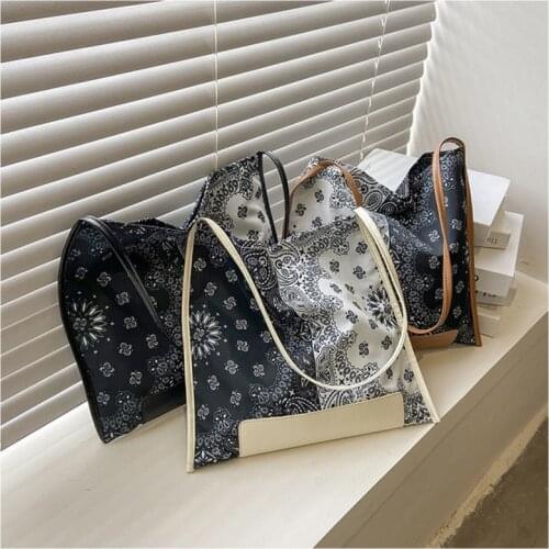 Bags for Women 2021 Leather Stitching Shoulder Bag Reusable Shopping Bags Casual Tote Retro Totem Print Female Handbag