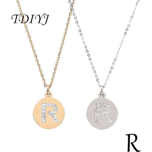 TDIYJ Newest (2 pieces/lot) Fashion Stainless Steel Tiny Initial Letter Necklace Round Pendant with Crystals