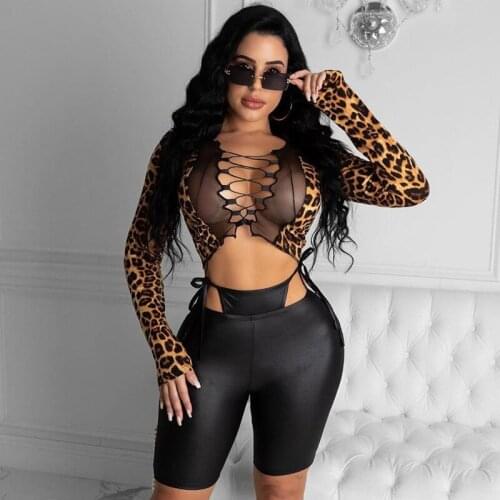 AVV V-neck Lace-up Sexy Sheer Mesh Fish Net Patchwork Crop Tops Autumn Fashion Leopard Long Sleeve Short T Shirt Tops Streetwear