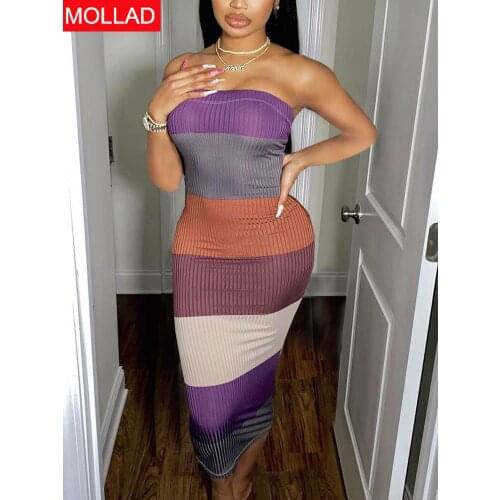2021 Spring Sexy Elegant Womens Clothing Strap Type Off-Neck One-Step Dress Striped Contrasting-Color Dress