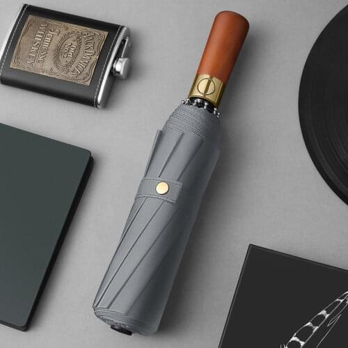 High Quality New Business Fully Automatic Three Folding Windproof Solid Wood Handle with Metal Mens Sunny and Rainy Umbrella